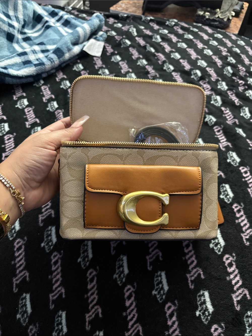 C Beige Signature Canvas and Tan Leather Crossbody with Gold 'C' Accent